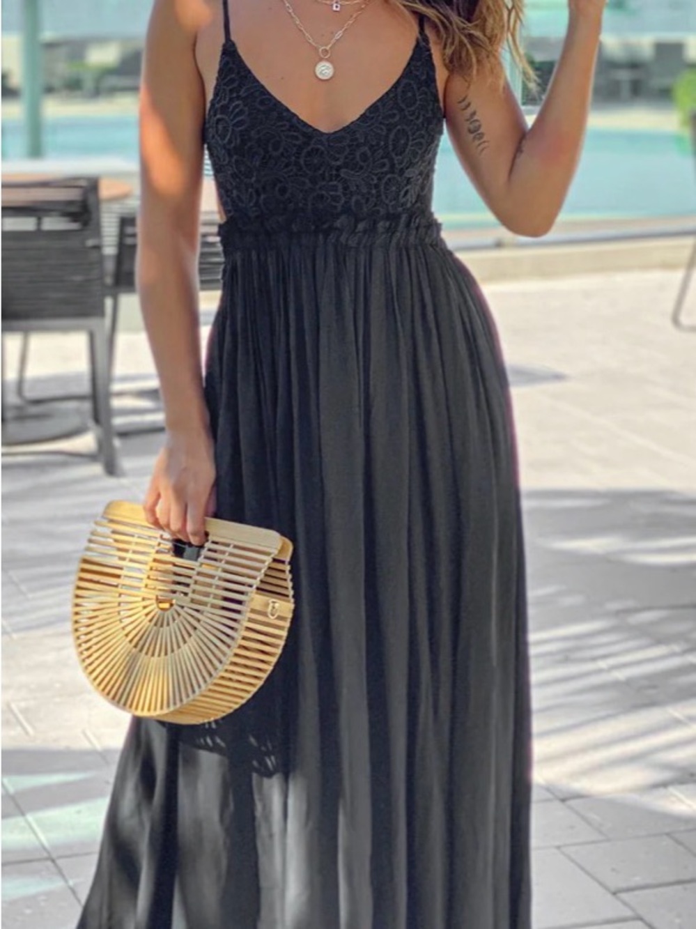 Black Lace Bodice Spaghetti Strap Maxi Dress - Elegant Summer Style